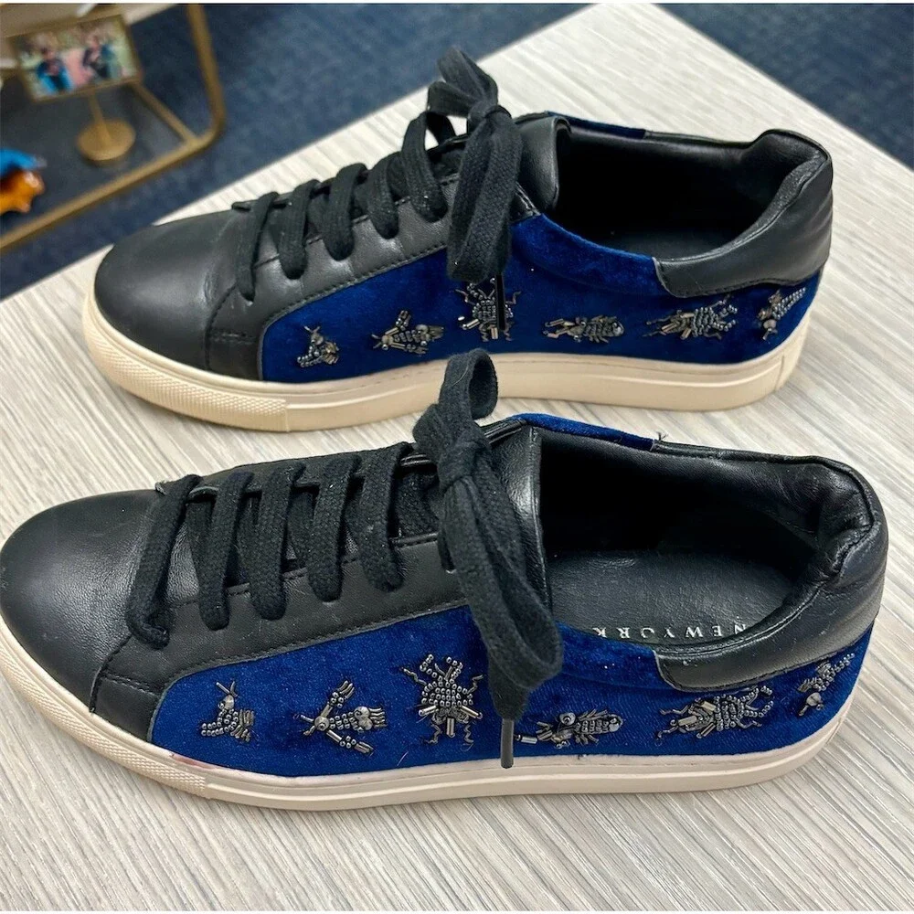Barneys New York Sneakers Womens EU 38 Blue Beaded Bug Embellished Low Top